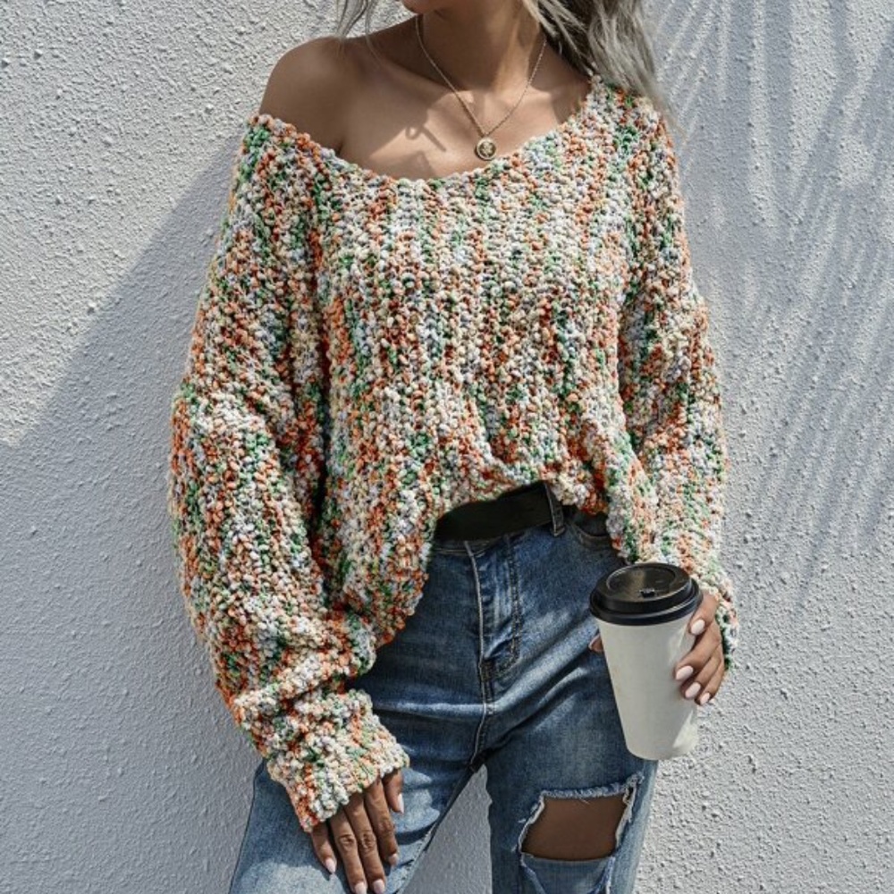 Cozy Khaki Tan oversized off shoulder popcorn sweater - Picture 5 of 10